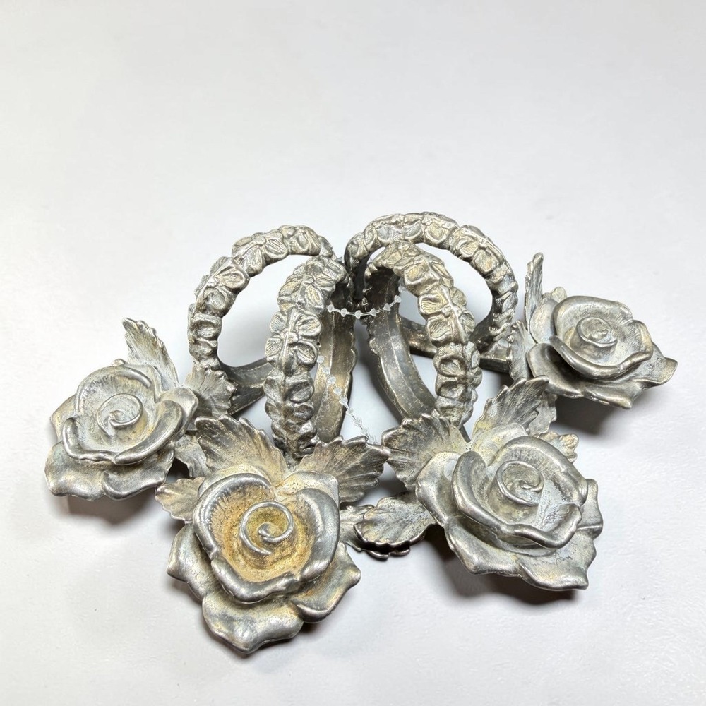1970s Princess House Chrome Rose Napkin Rings Metal Set of 4 Floral‎ Table Decor